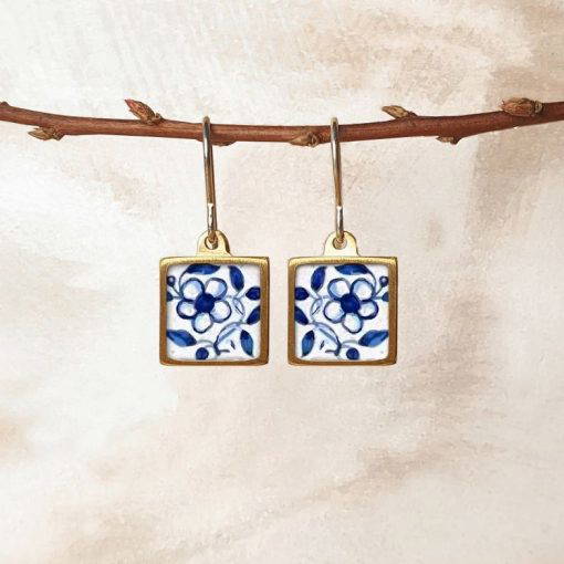 Framed Square ceramic earrings gold/ Delft BES150
