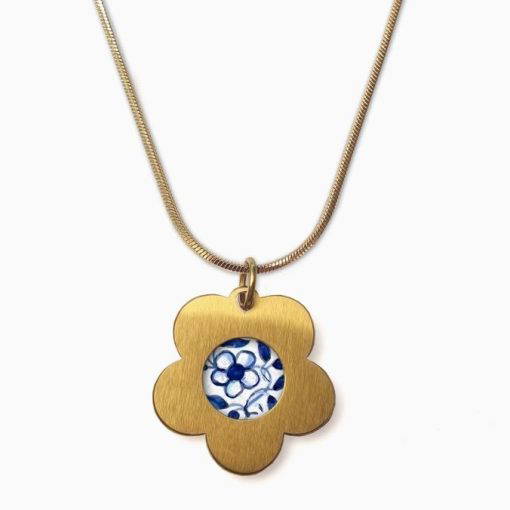 Flower Pendant with A Decorated Ceramic - Gold