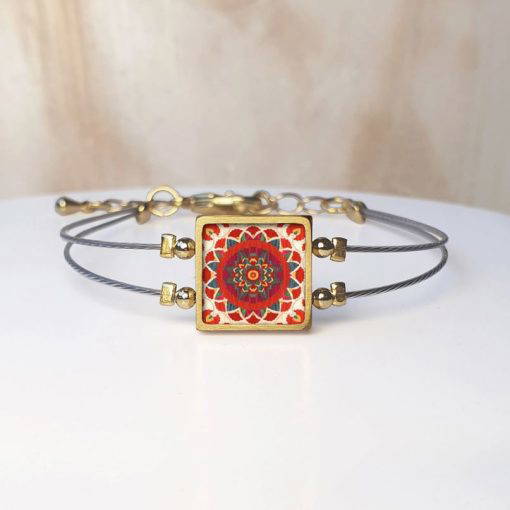 Framed Square ceramic bracelet orange suzani B138